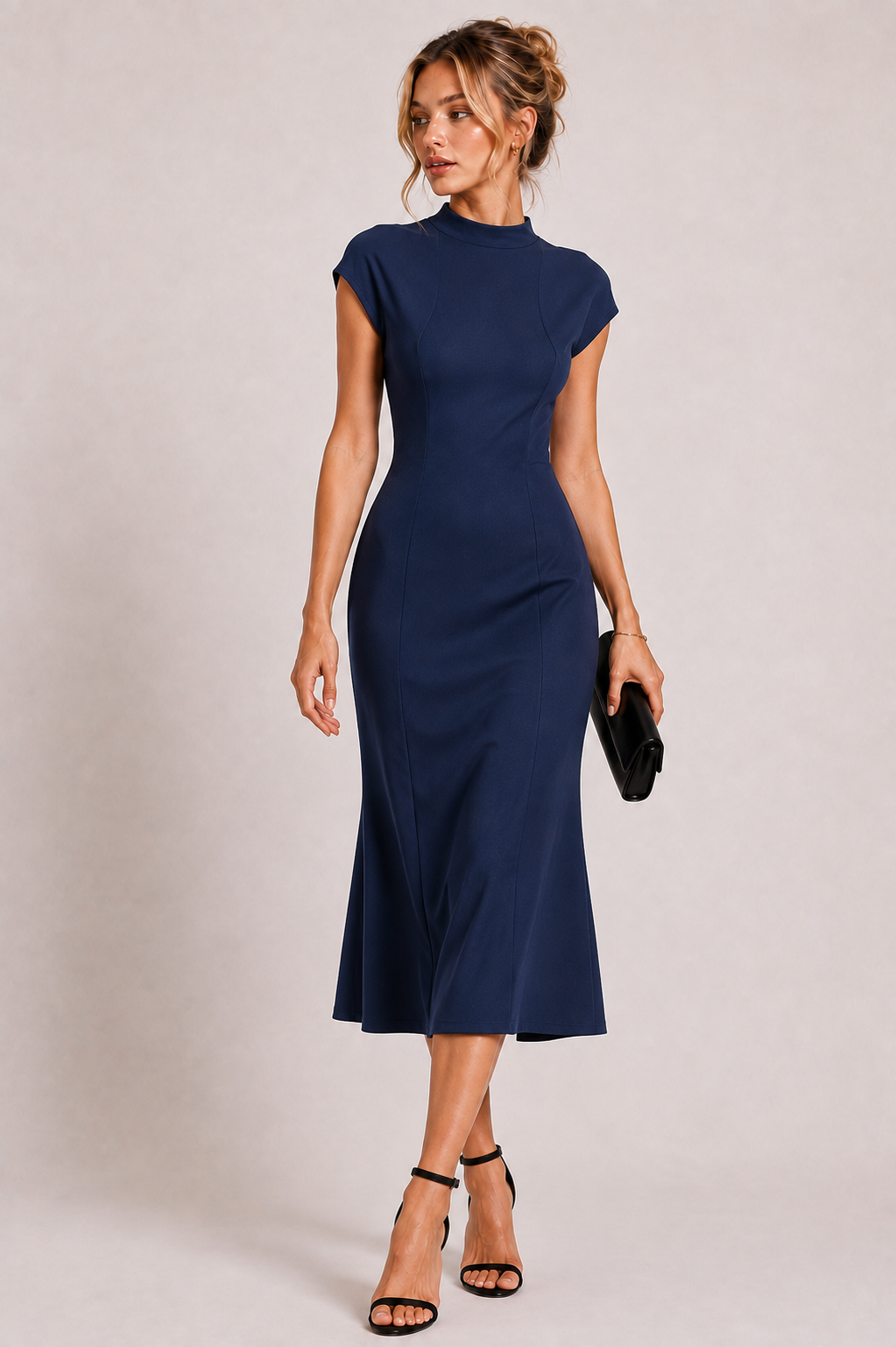 Navy blue polyester fitted midi dress with high neckline and short sleeves worn by a female fashion model.