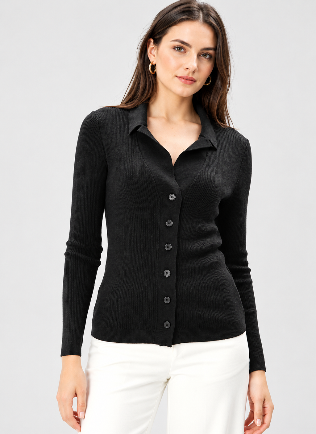 black wool knit button-front cardigan for women