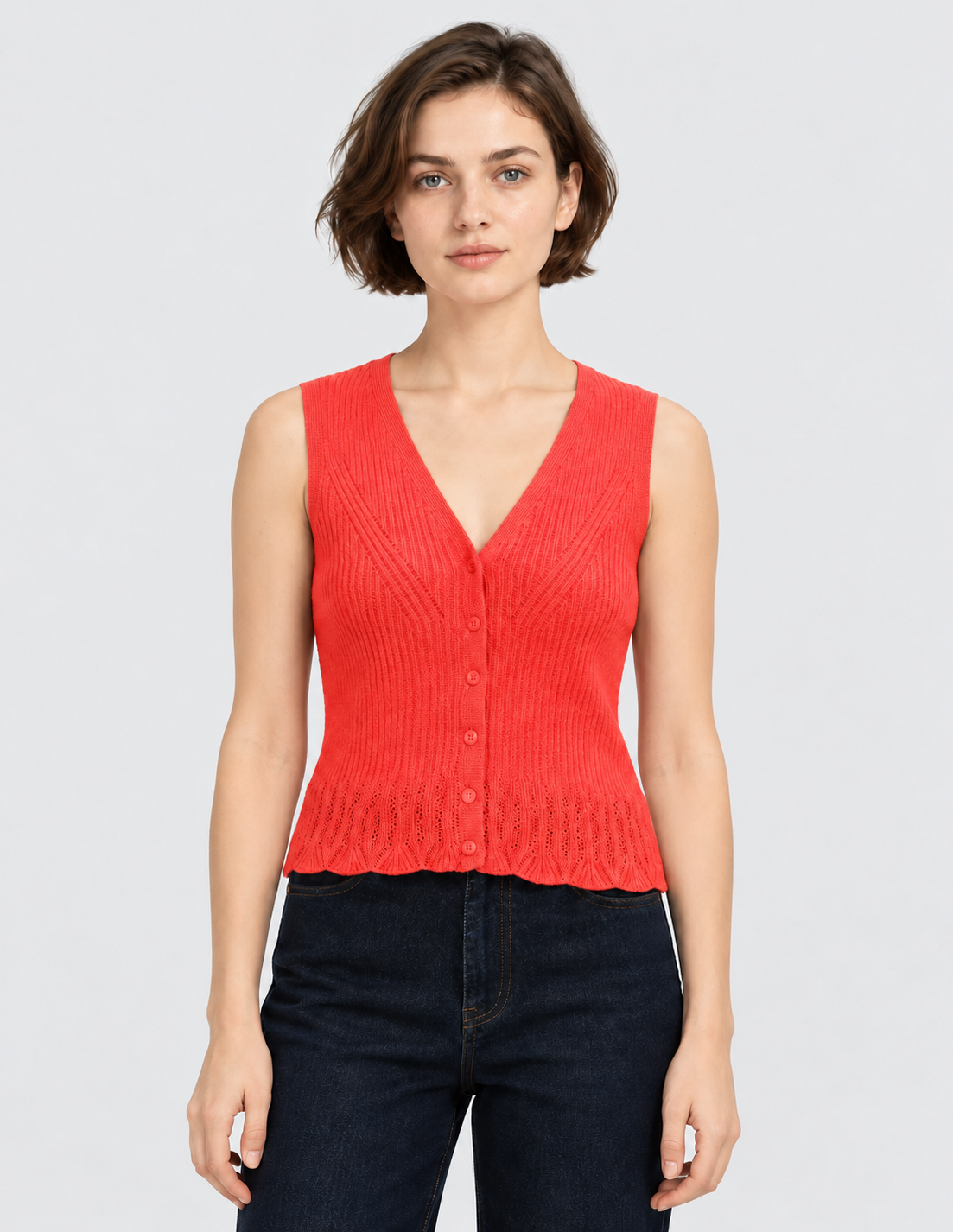 women's coral red cotton knit cardigan with puff sleeves and button-front closure