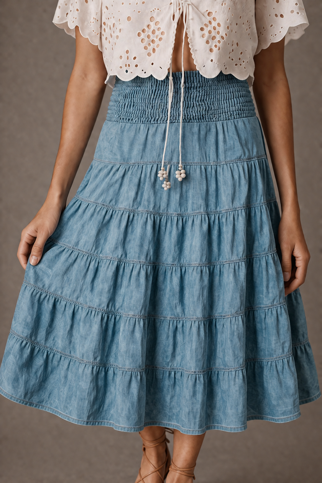 Blue Tiered Midi Skirt