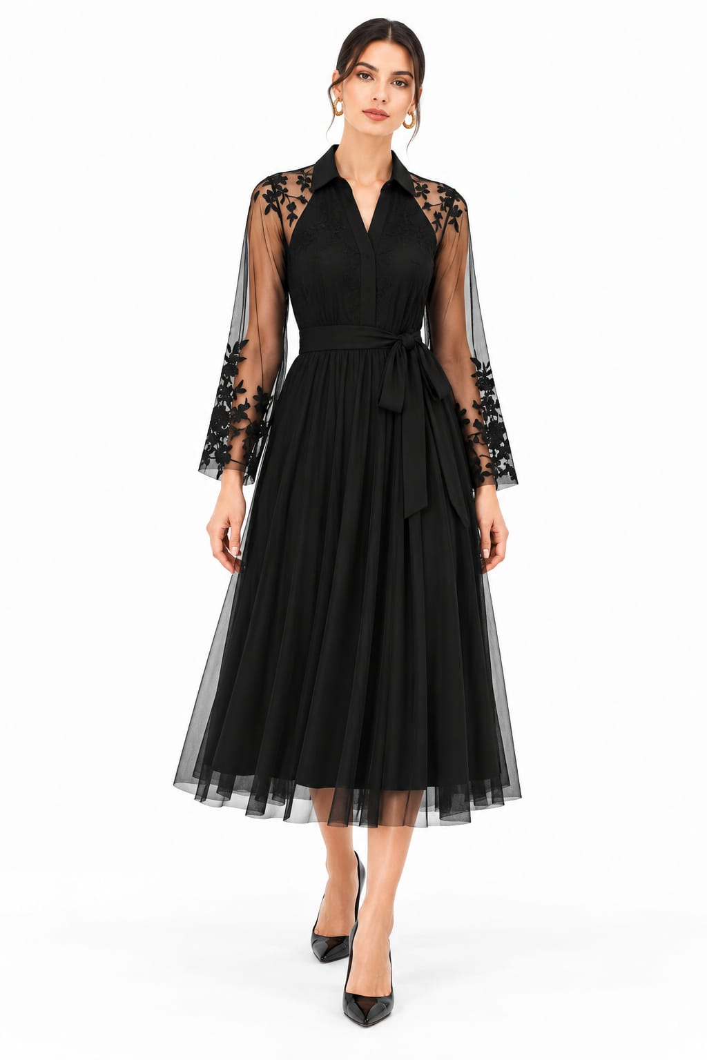 Black Sheer Tulle Embroidered Sleeve Midi Dress