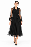Black Sheer Tulle Embroidered Sleeve Midi Dress