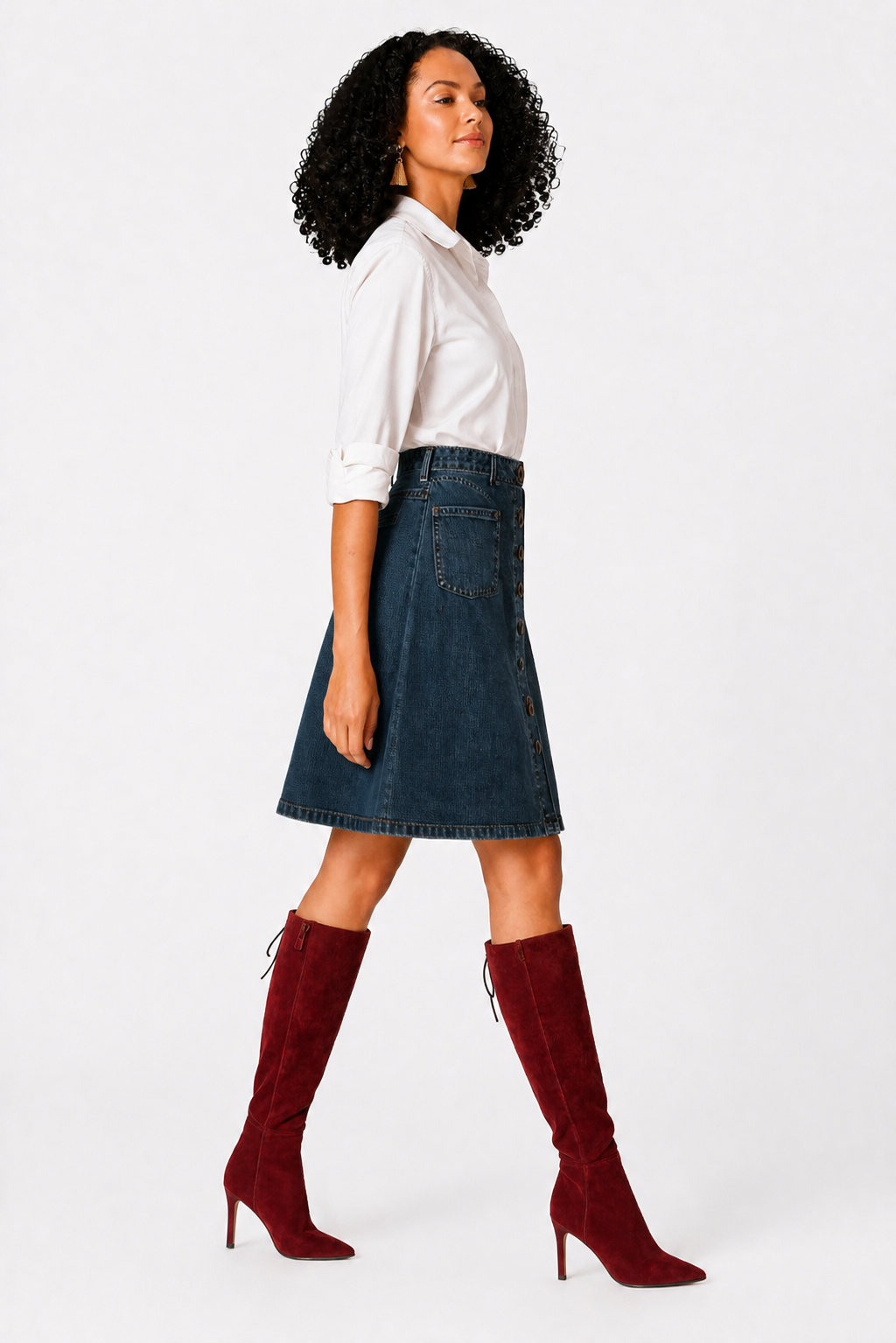 Dark Wash Button-Front Denim A-Line Skirt