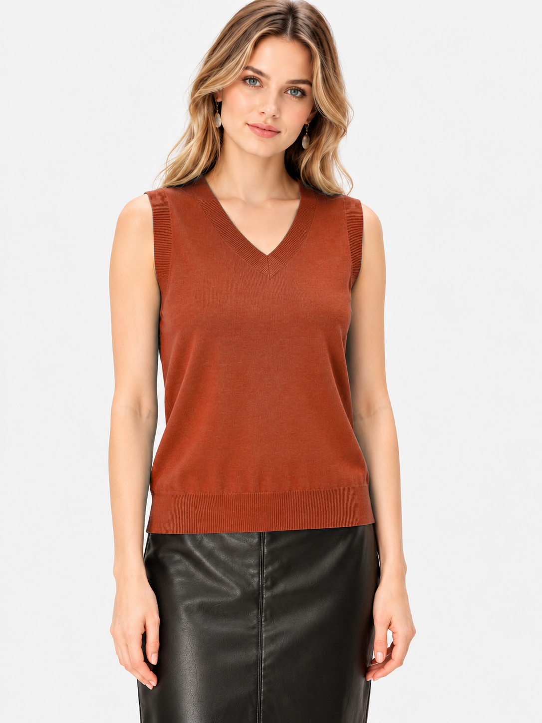Women's Rust Brown Cotton Modal Sleeveless V-Neck Knit Sweater Vest