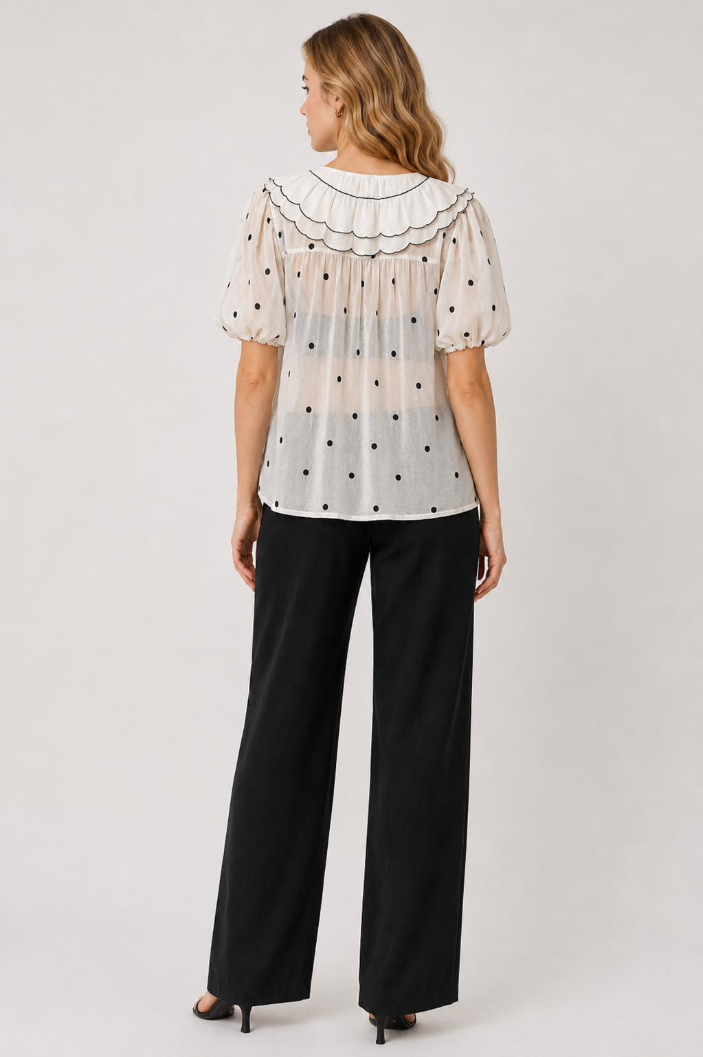 White Polyester Polka Dot Scalloped Collar Pleated Detail Puff Sleeve Top