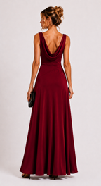 Burgundy Heavy Crepe Draped Cowl Neck Maxi Dress with Front Slit