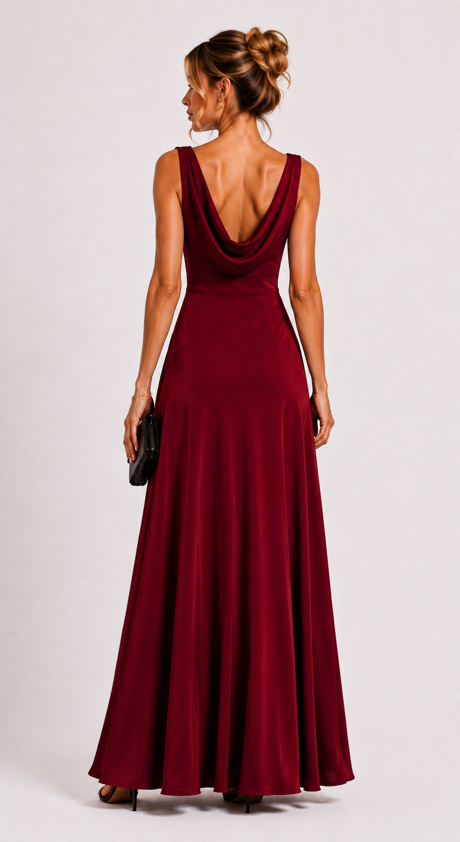 Burgundy Heavy Crepe Draped Cowl Neck Maxi Dress with Front Slit