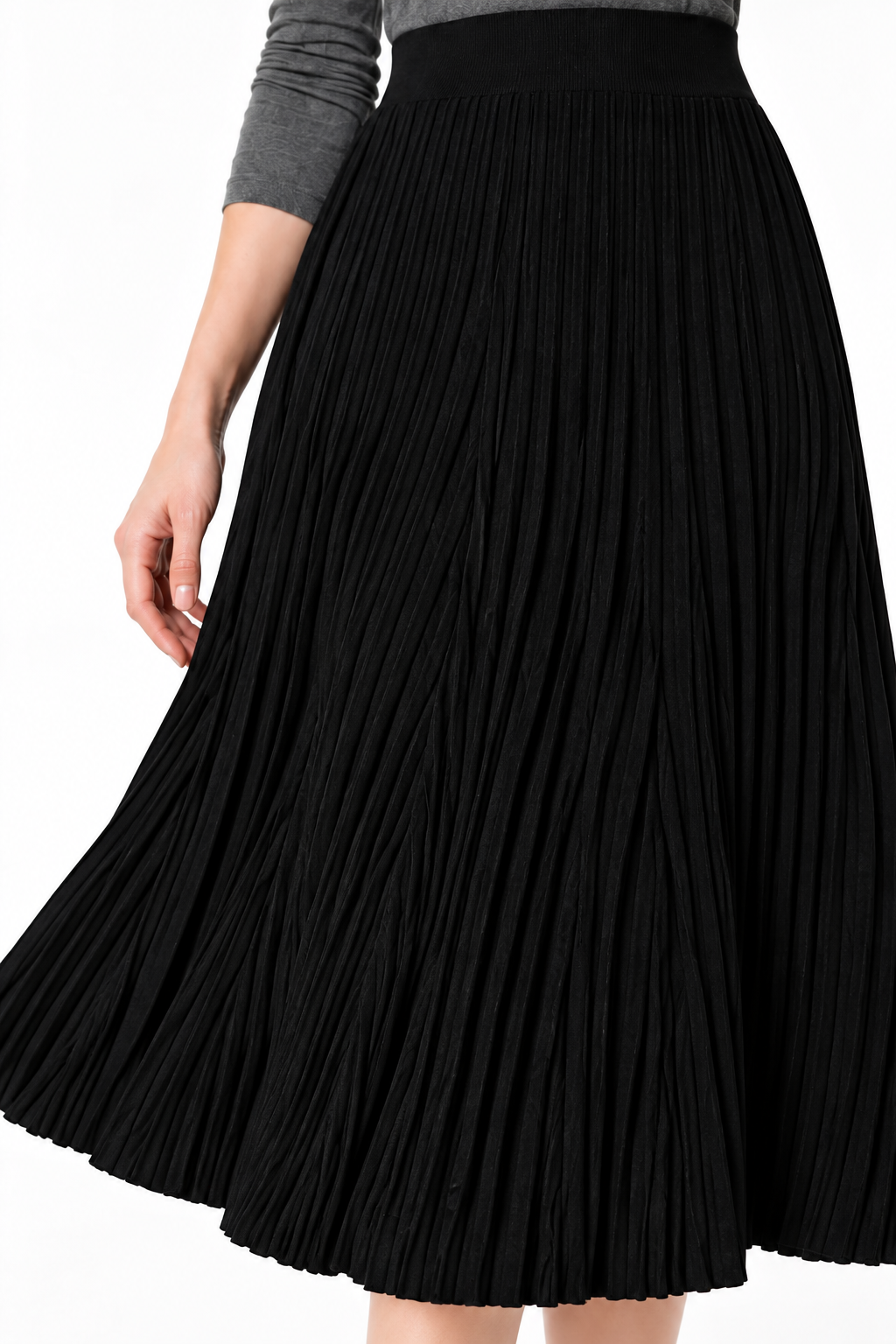 women's black wool blend pleated midi skirt with high waist