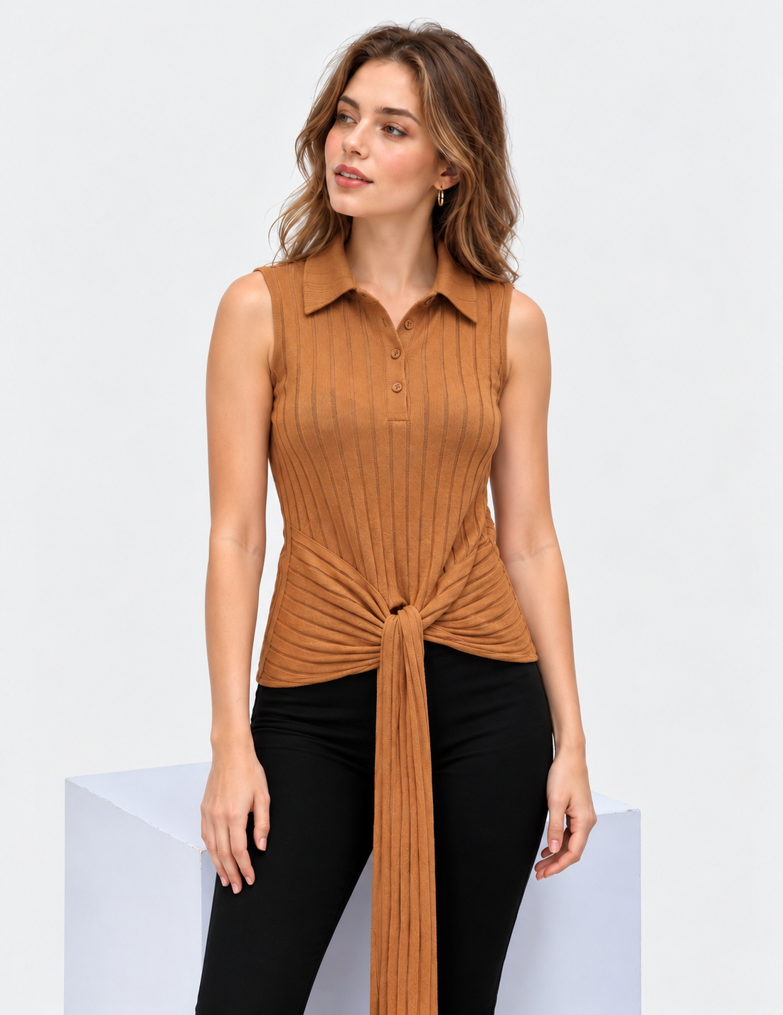 women's camel brown linen cotton rib knit collared tie-front top