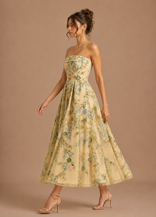 Strapless Floral Satin A-Line Maxi Dress