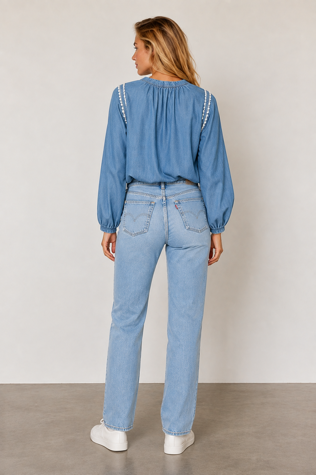 Blue Cotton Denim V-Neck Lace Trim Full Sleeve Top