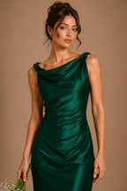 Emerald Satin Draped Midi Dress