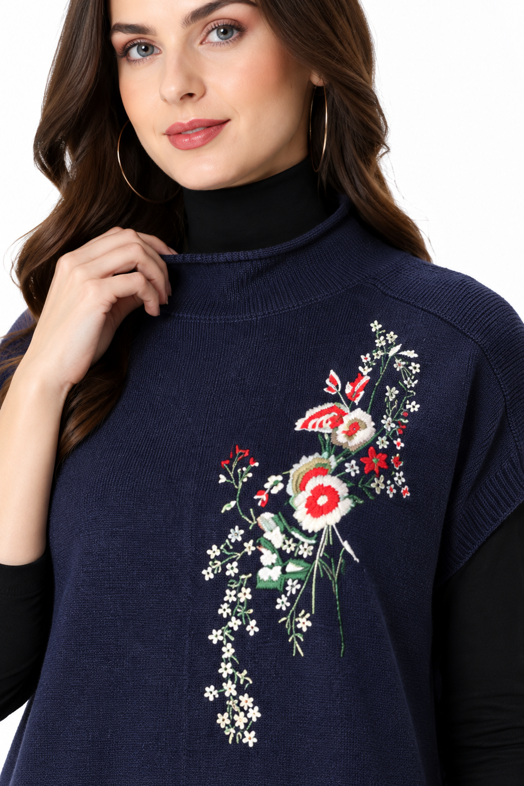 women's navy blue sweater knit embroidered sleeveless tunic