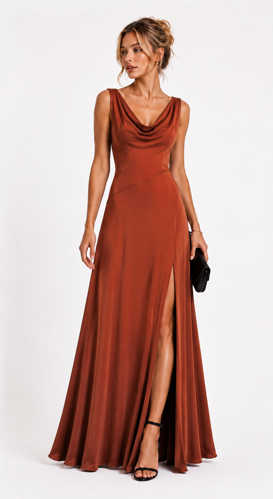 Rust Orange Heavy Crepe Draped Neck Maxi Dress with Front Slit
