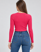 Pink Cotton Rib Knit Twist Front Sweater for Women