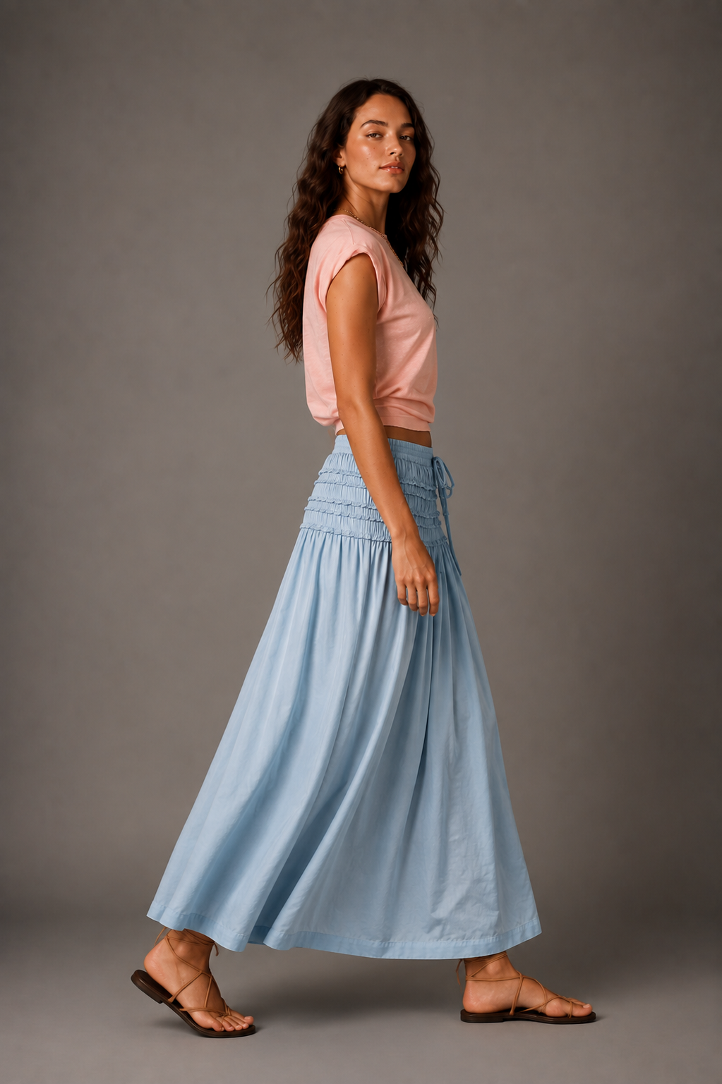 Sky Blue Smocked Cotton Maxi Skirt