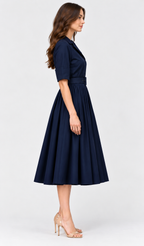 Poplin Collared Button Front Belted Midi Dress
