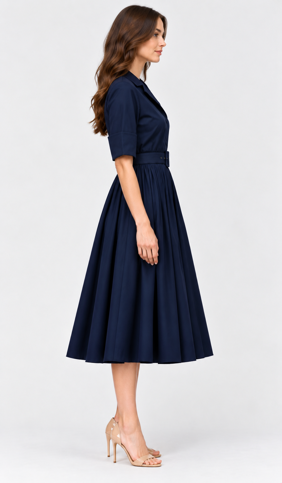 Poplin Collared Button Front Belted Midi Dress