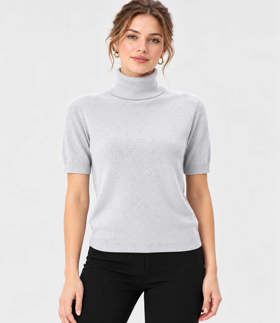 women's light grey linen cotton knit turtleneck sweater with short sleeves