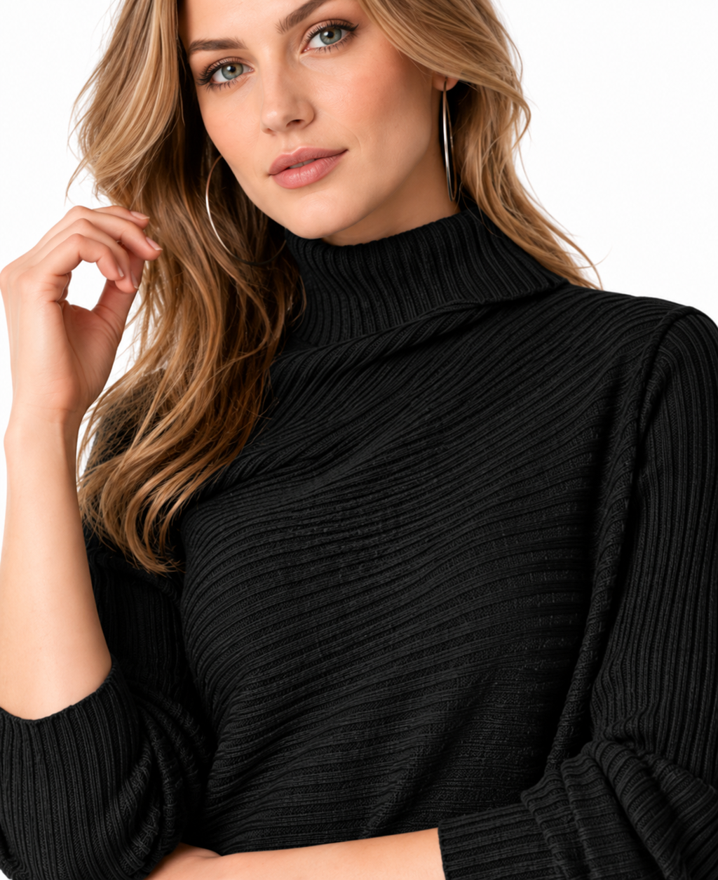 women's black wool blend rib knit turtleneck sweater