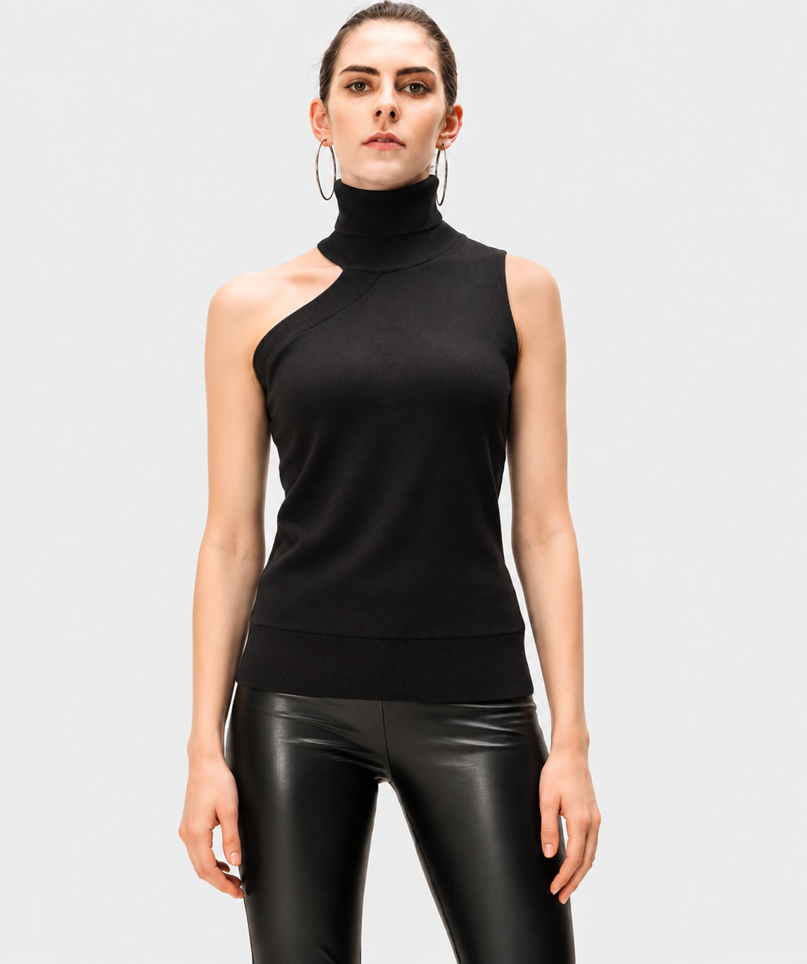 women's black cotton modal rib knit asymmetrical turtleneck top