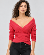 cotton knit rib wrap top with v-neck | women's tops