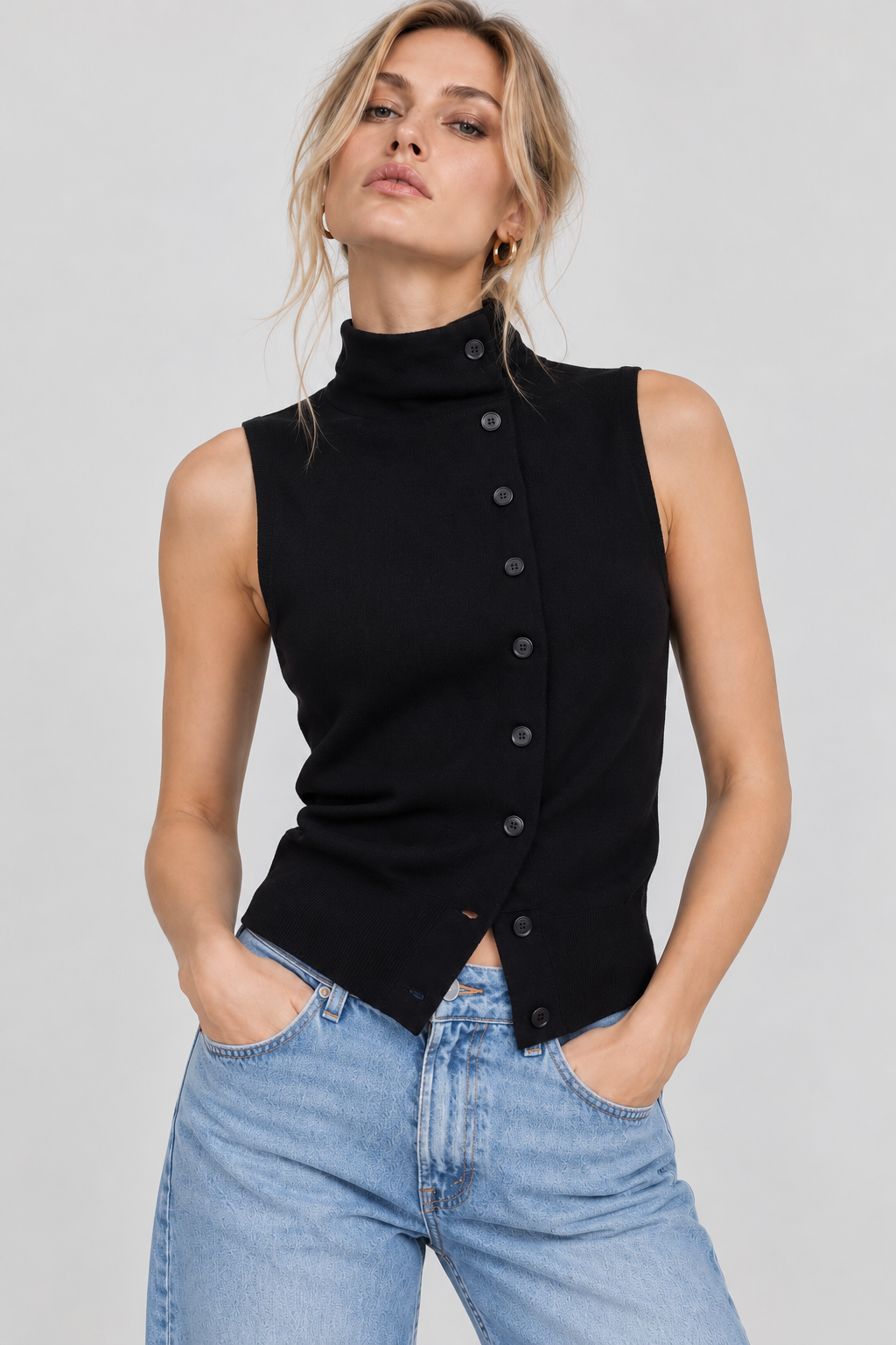 Women’s Black Cotton High-Neck Button-Down Top