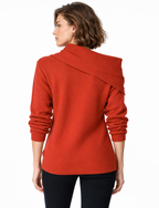 women's rust orange rib knit asymmetric high neck sweater