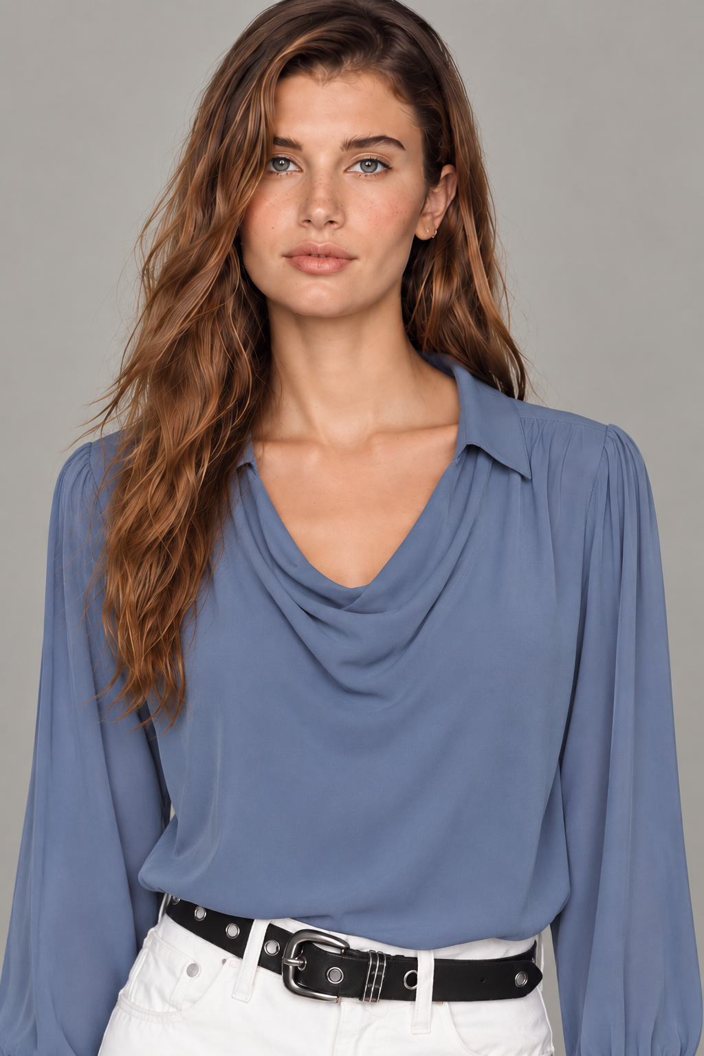 Women’s Blue Rayon Cowl-Neck Blouse