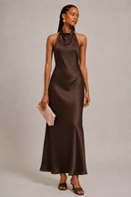 Chocolate Brown Viscose Halter Maxi Dress