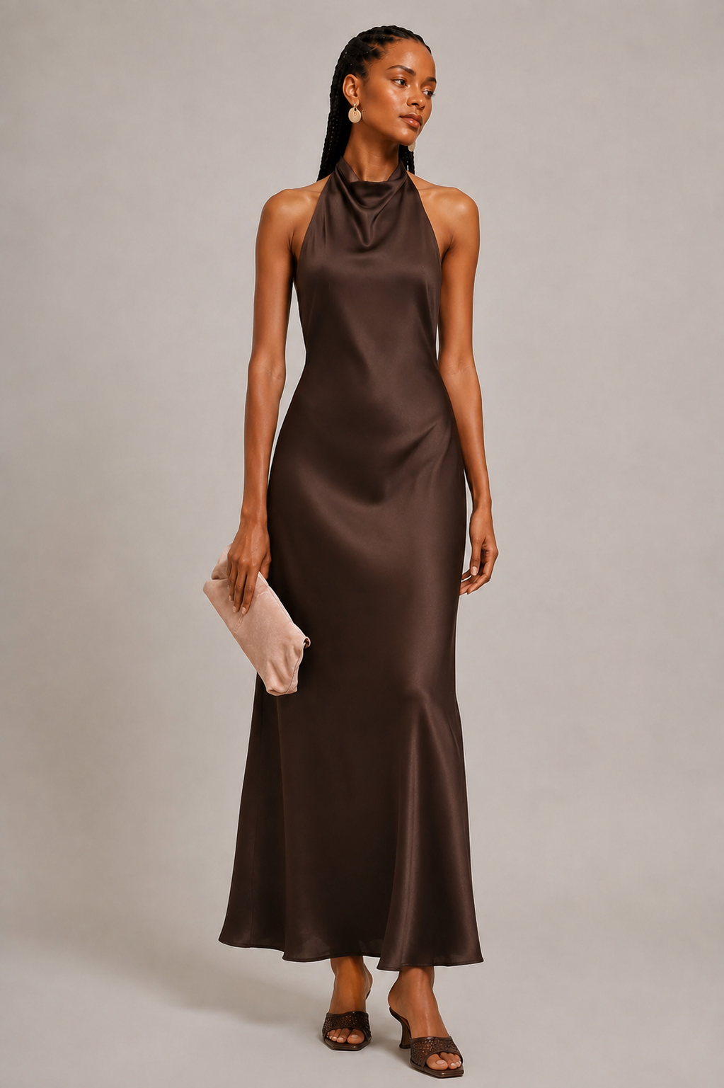 Chocolate Brown Viscose Halter Maxi Dress