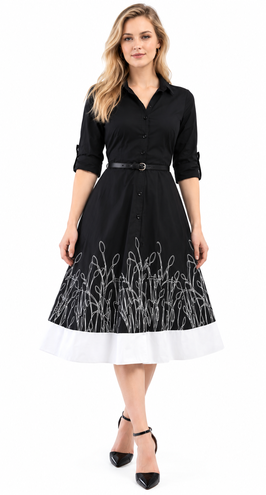black embellished poplin shirt dress with embroidered floral hem
