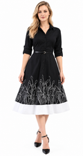 black embellished poplin shirt dress with embroidered floral hem
