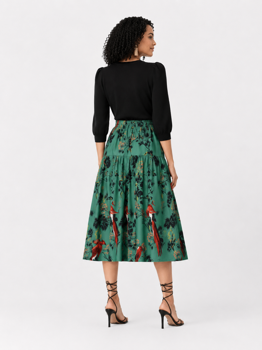 Sage Green Botanical Print Tiered Midi Skirt