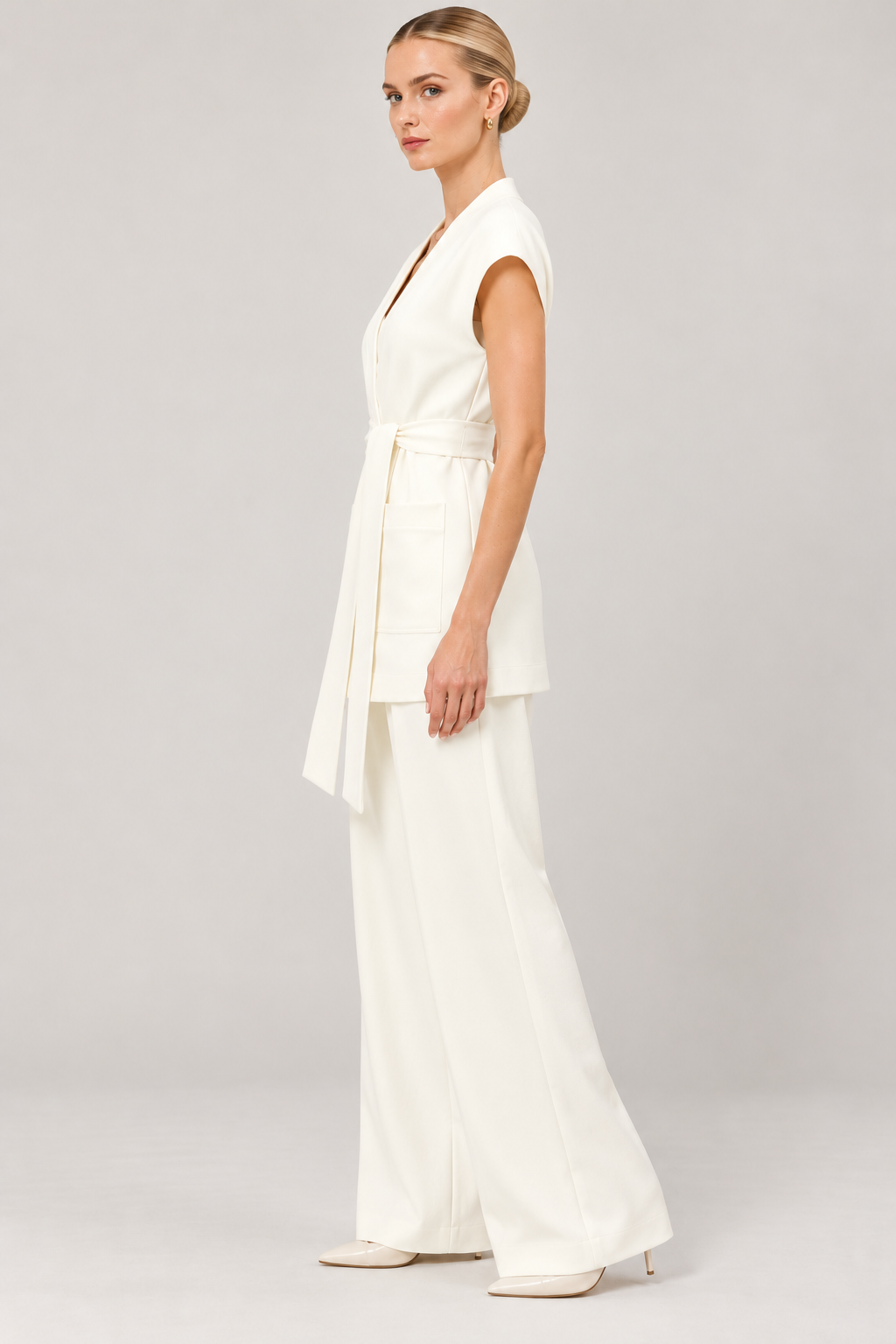 Women's Ivory White Twill Wrap Vest with Self-Tie Belt | Sleeveless V-Neck Waistcoat