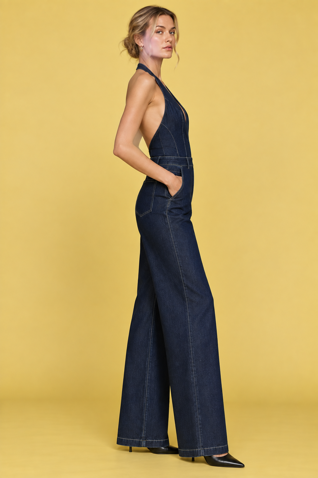 women's dark blue denim halter neck wide-leg jumpsuit