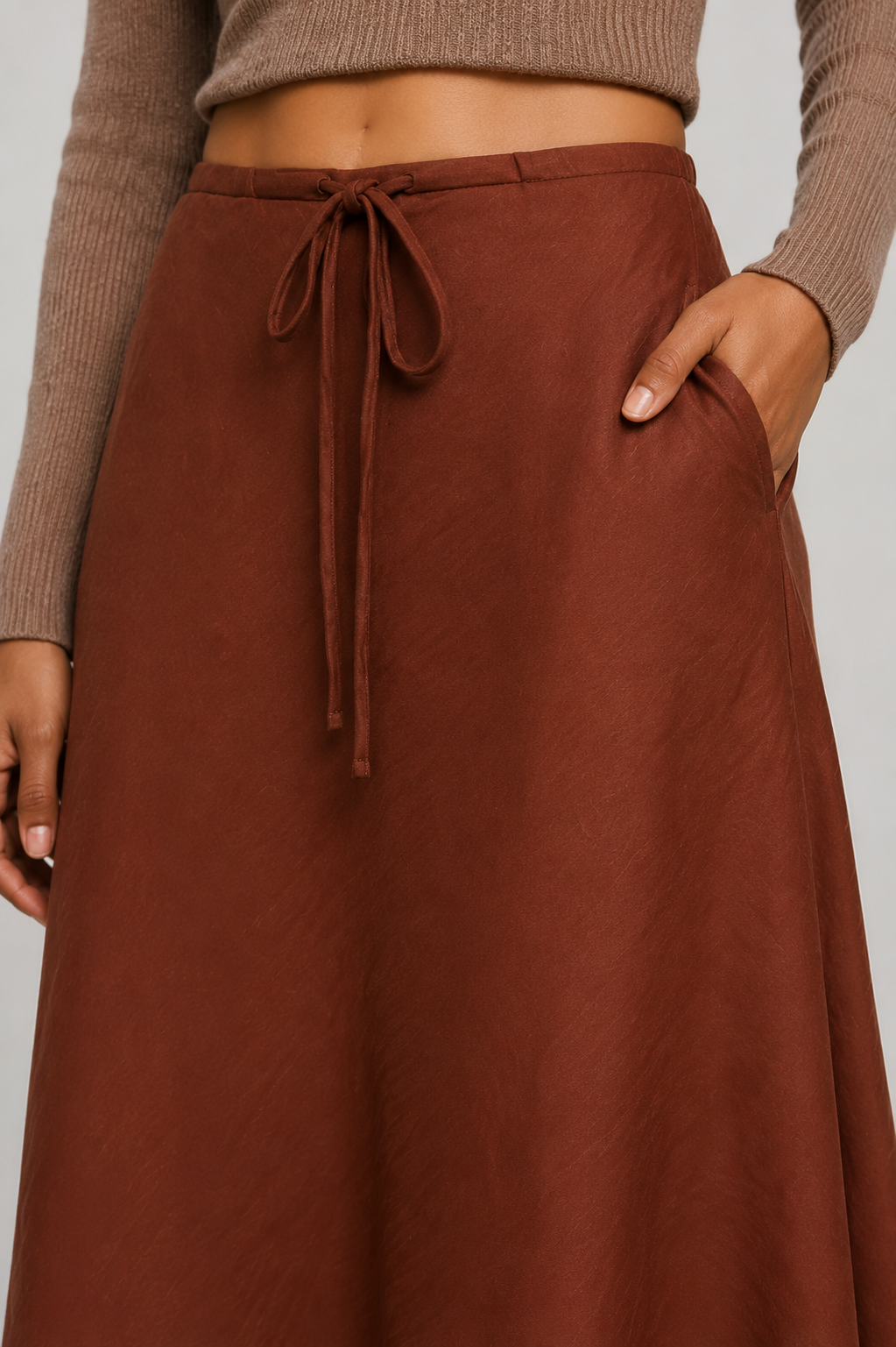 Rust Drawstring A-Line Midi Skirt