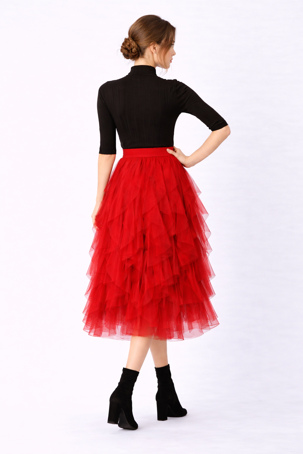 Raw Edge Ruffle Asymmetric Layer Sheer Mesh Skirt