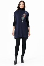 women's navy blue sweater knit embroidered sleeveless tunic
