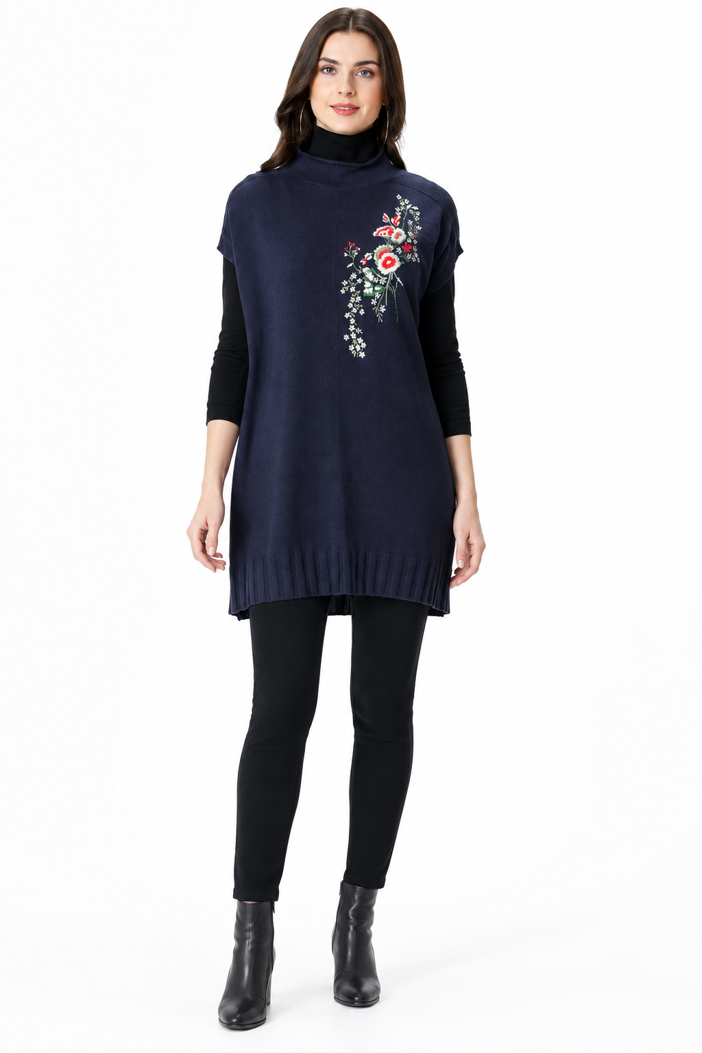 women's navy blue sweater knit embroidered sleeveless tunic