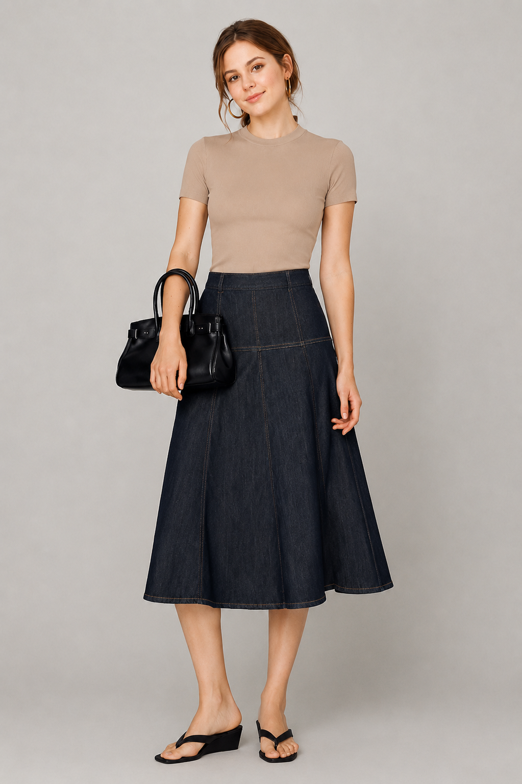 Panelled Denim A-Line Maxi Skirt