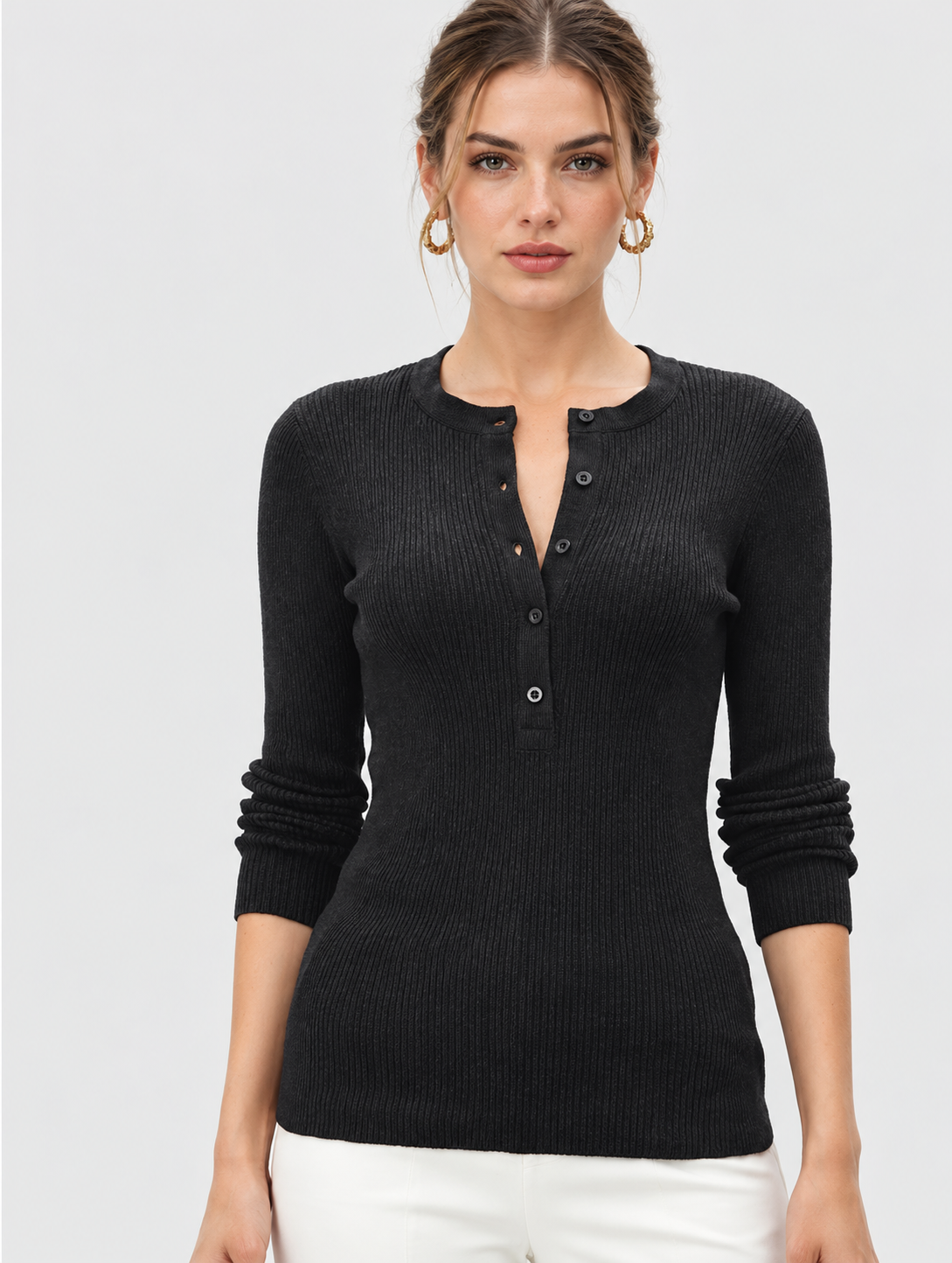 black rib knit linen cotton blend full-sleeve top for women