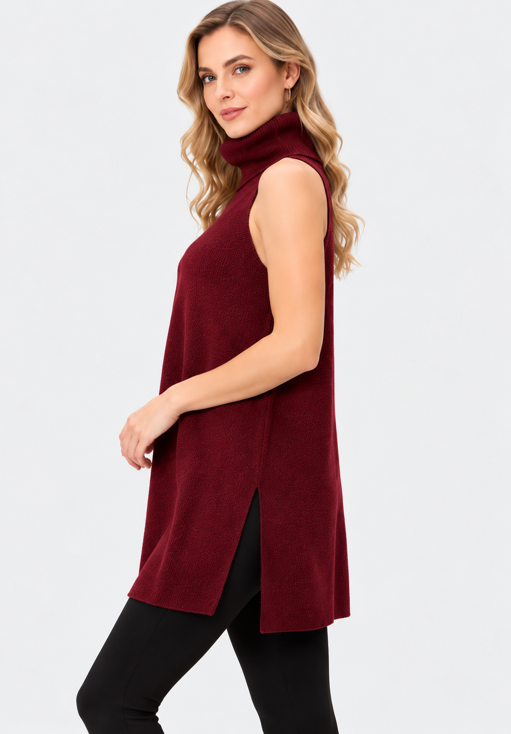Women's Burgundy Wool Knit Sleeveless Turtleneck Tunic Top