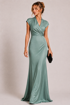 Sage Green Crepe Elegant Draped Waist Maxi Dress