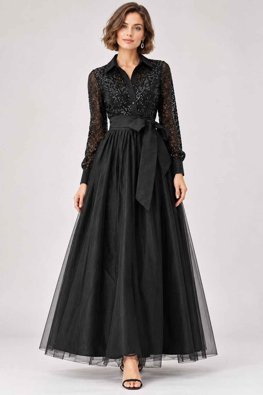 women's black sequin mesh and dupioni maxi dress