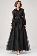 women's black sequin mesh and dupioni maxi dress