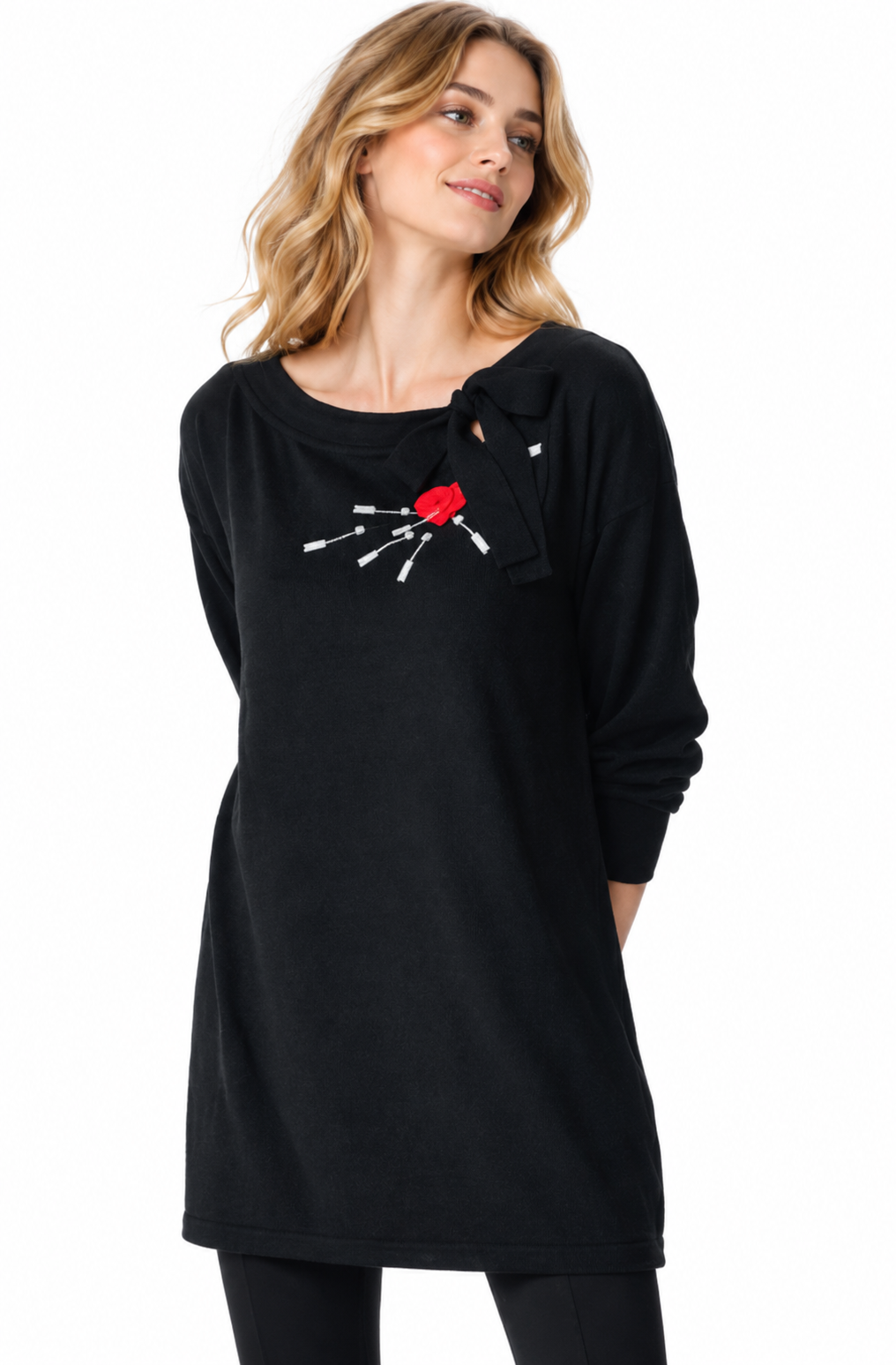 women's black wool blend embroidered bow neck sweater