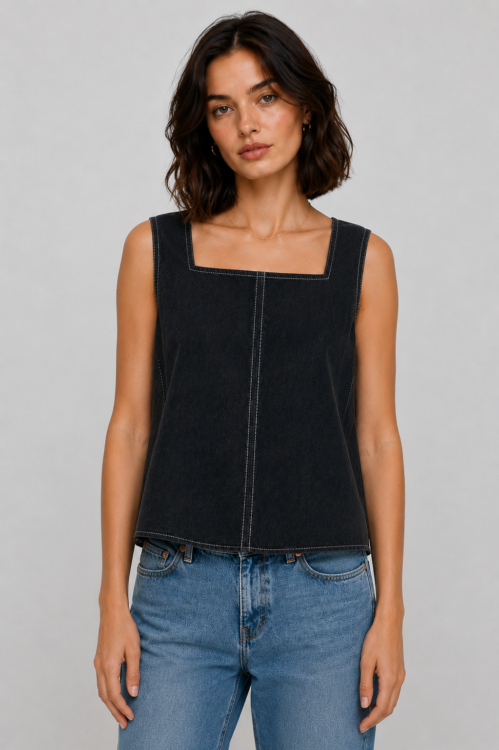 Women’s Black Denim Relaxed Fit Short Sleeve Top