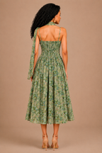 Floral Chiffon Smocked Midi Dress with Neck Scarf