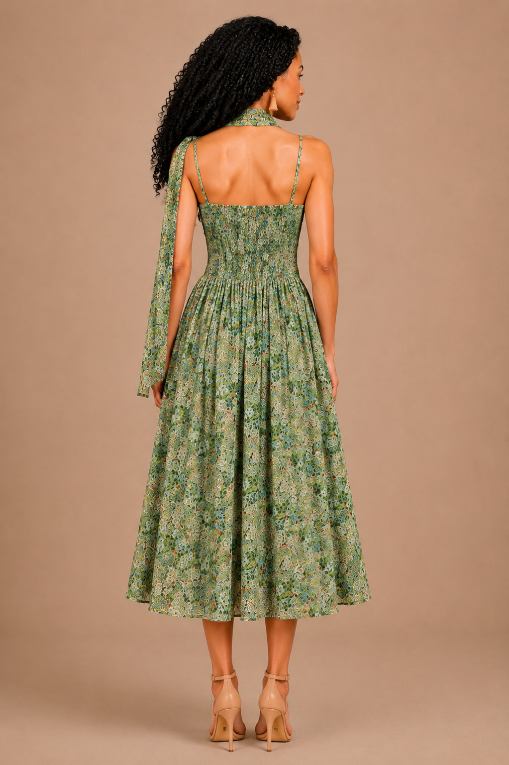 Floral Chiffon Smocked Midi Dress with Neck Scarf